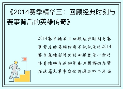 《2014赛季精华三：回顾经典时刻与赛事背后的英雄传奇》